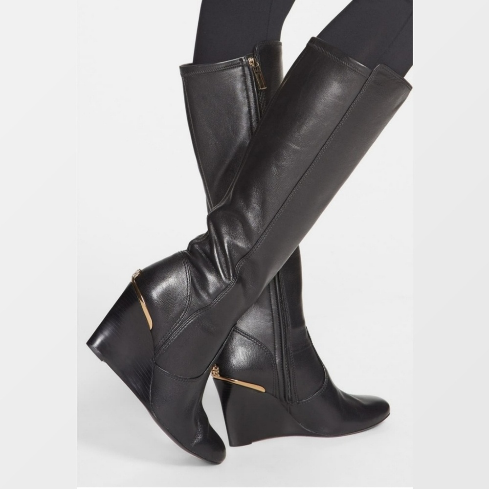 Tory Burch Hendin Black Leather Wedge Boots
